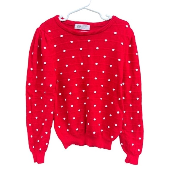 H&M Textured Knit Sweater 6X/7 Red White Polka Dots Puff Sleeves GUC - Picture 2 of 4